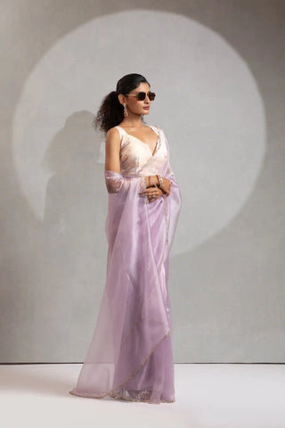 India Silk Elegant Lavender Chiffon Saree with Silver and Gold Embellishments