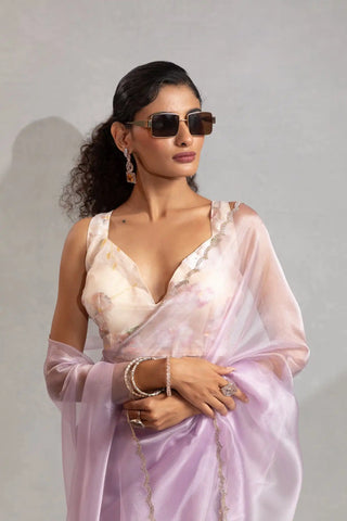 India Silk Elegant Lavender Chiffon Saree with Silver and Gold Embellishments