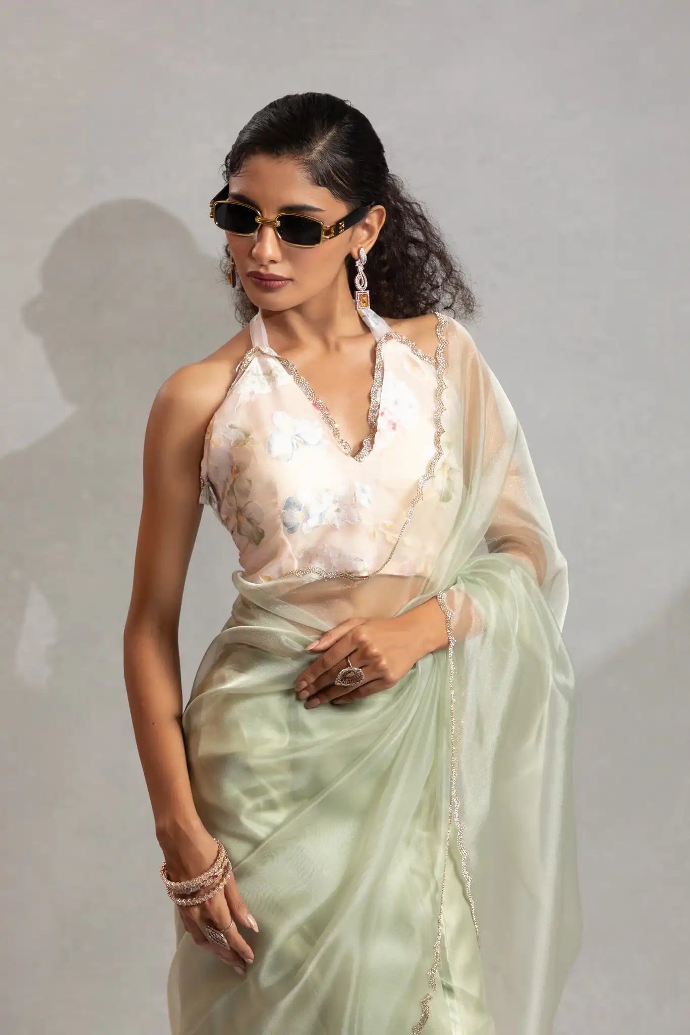 India Silk Elegant Mint Green Chiffon Saree with Silver and Gold Embellishments