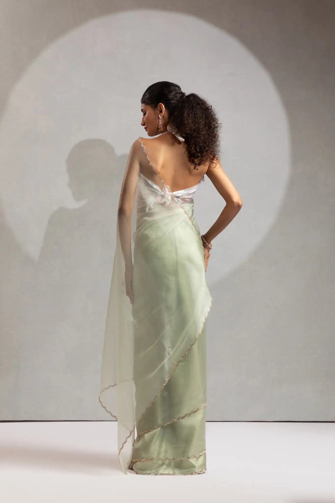 India Silk Elegant Mint Green Chiffon Saree with Silver and Gold Embellishments