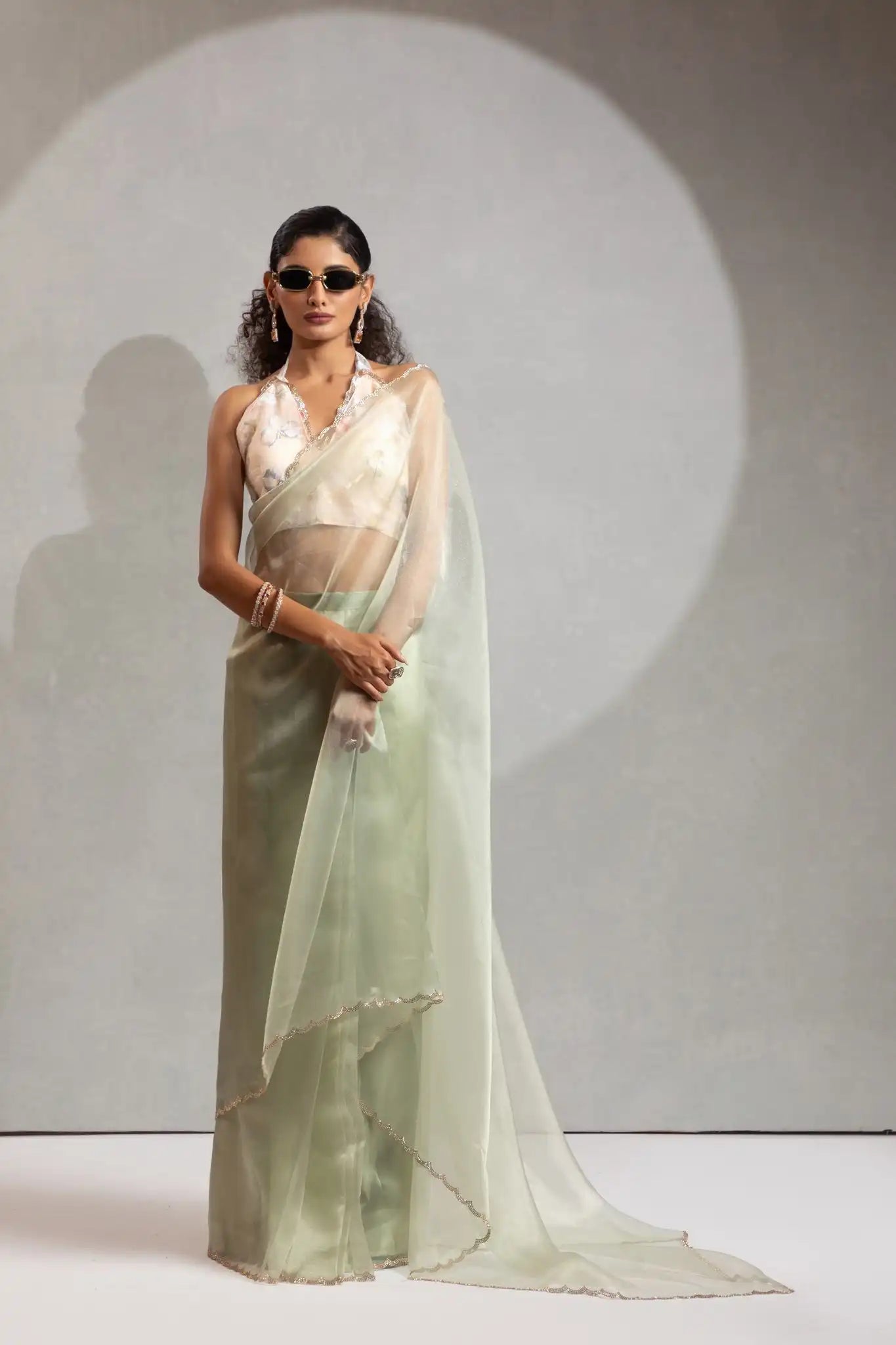 India Silk Elegant Mint Green Chiffon Saree with Silver and Gold Embellishments
