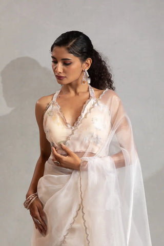 India Silk Elegant Beige Chiffon Saree with Silver and Gold Embellishments