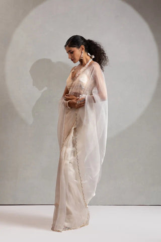 India Silk Elegant Beige Chiffon Saree with Silver and Gold Embellishments