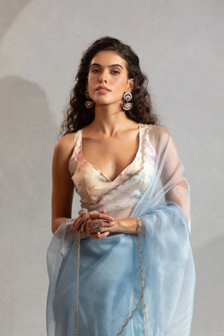 India Silk Elegant Blue Chiffon Saree with Silver and Gold Embellishments