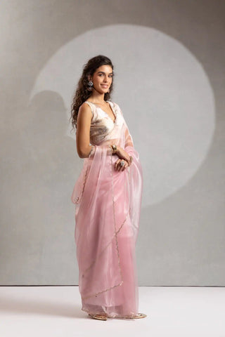 India Silk Elegant Pink Chiffon Saree with Silver and Gold Embellishments