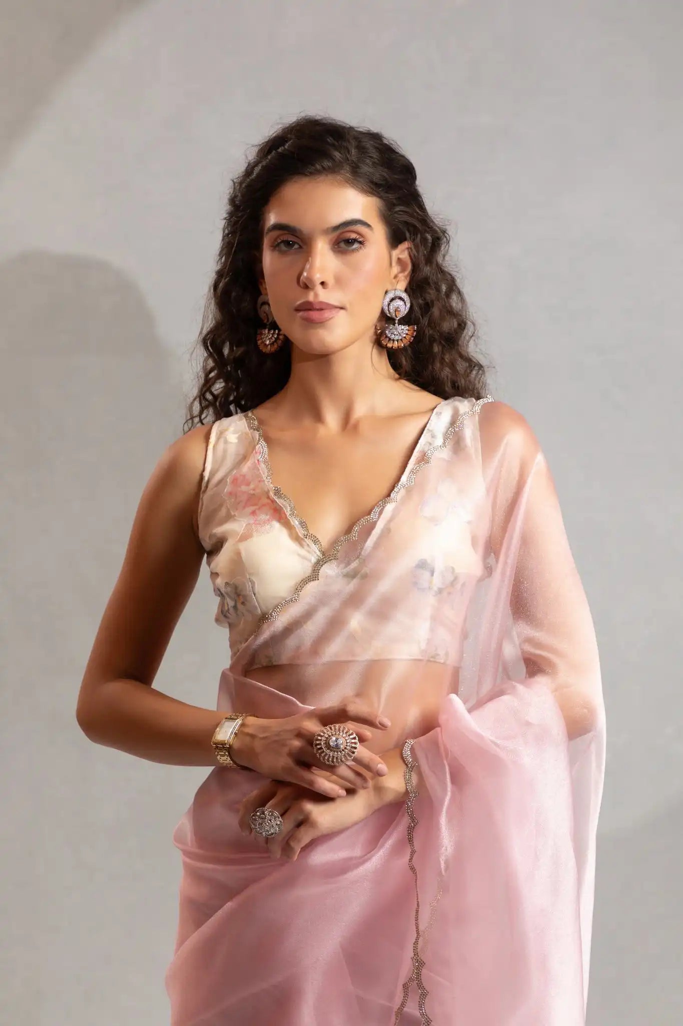 India Silk Elegant Pink Chiffon Saree with Silver and Gold Embellishments