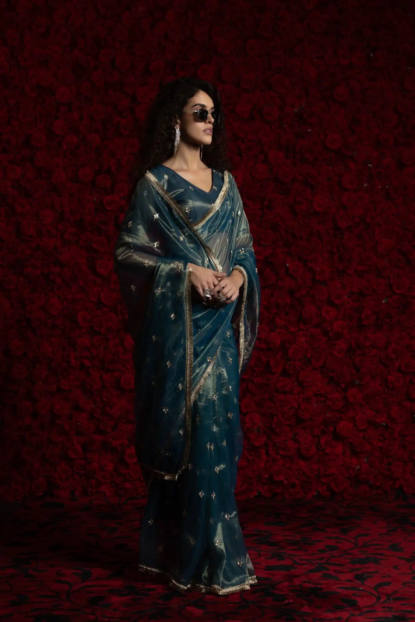 India Silk Luxury Teal Blue Silk Saree with Gold Embellishments