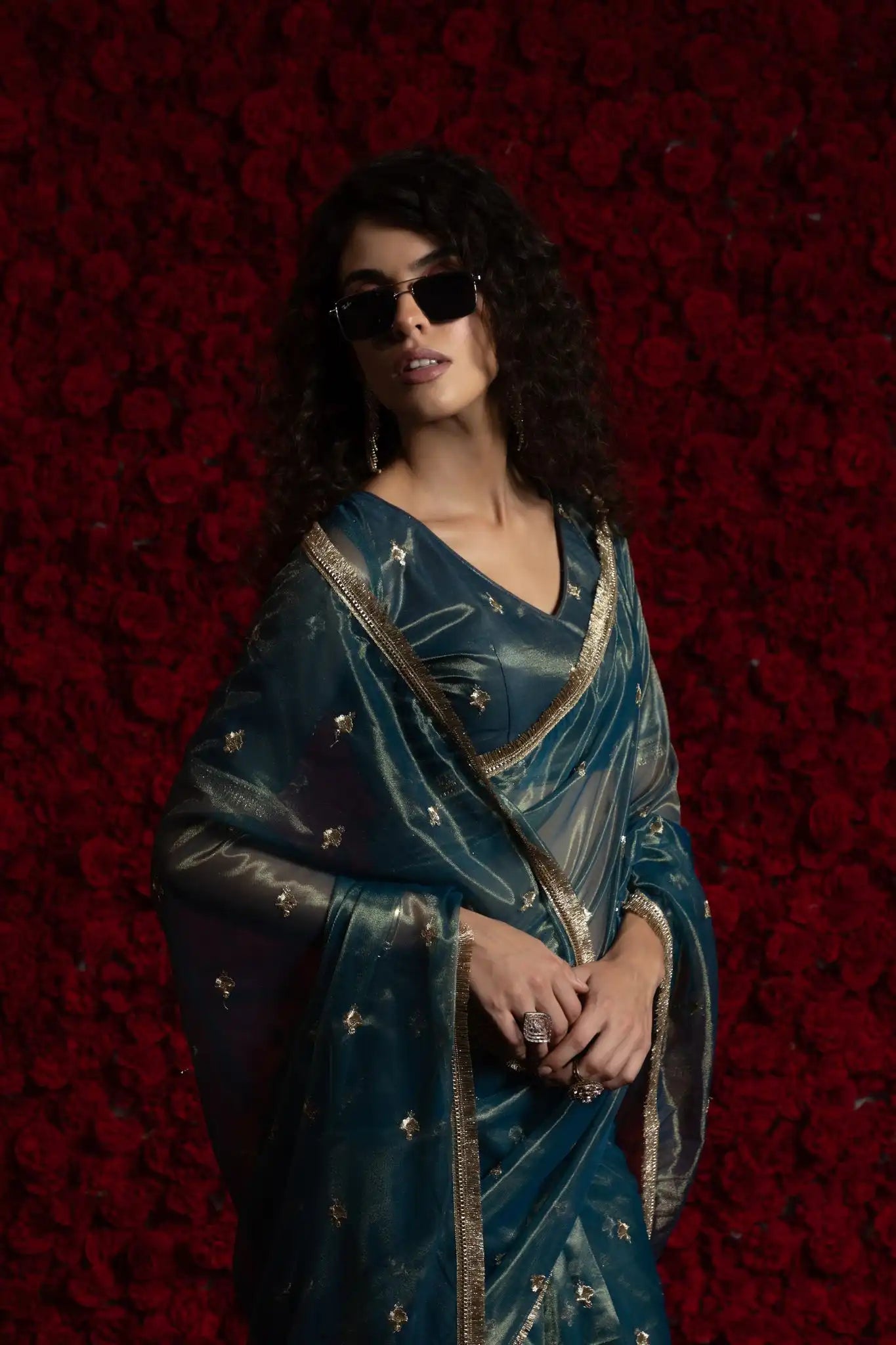 India Silk Luxury Teal Blue Silk Saree with Gold Embellishments