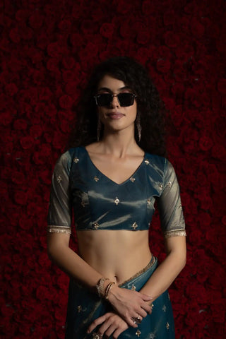 India Silk Luxury Teal Blue Silk Saree with Gold Embellishments