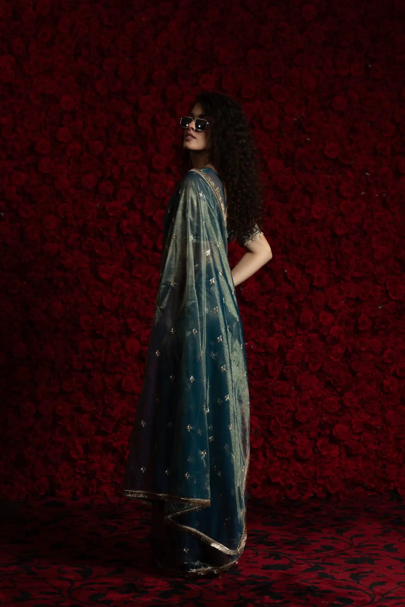 India Silk Luxury Teal Blue Silk Saree with Gold Embellishments