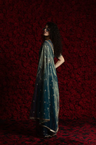 India Silk Luxury Teal Blue Silk Saree with Gold Embellishments