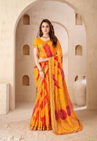 Yellow Traditional Bandhani Silk Saree with Woven Motifs | Premium Indian Ethnic Wear