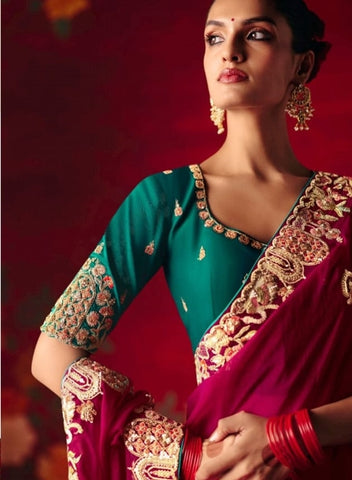 Wine Embroidered Designer Sarees for Women | Wedding Sarees UK