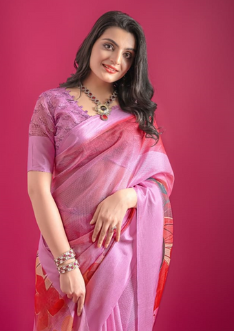 Lavender Premium Printed Pure Linen Saree with Elegant Floral Design – Lightweight Party Wear Indian Saree UK