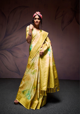 Yellow Elegant Handloom Silk Saree with Gold Zari Border | Luxury Ethnic Wear for Women