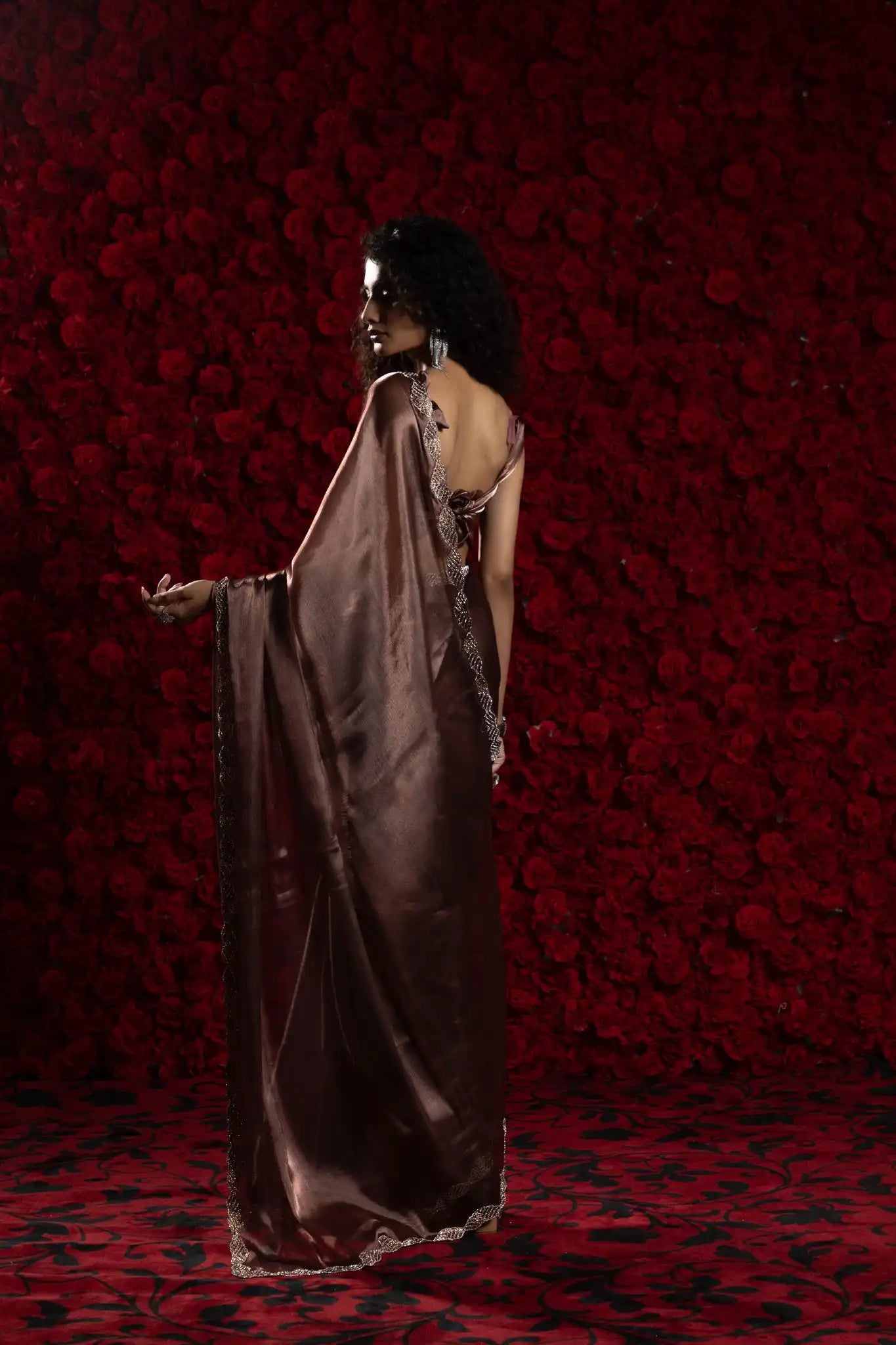India Silk Luxury Satin Rose Gold Saree with Pearl and Silver Border Embellishments