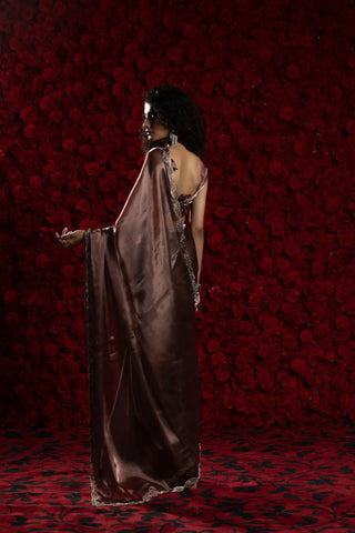 India Silk Luxury Satin Rose Gold Saree with Pearl and Silver Border Embellishments