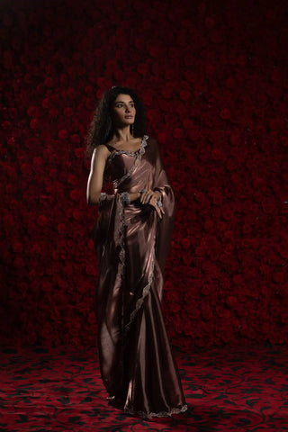 India Silk Luxury Satin Rose Gold Saree with Pearl and Silver Border Embellishments