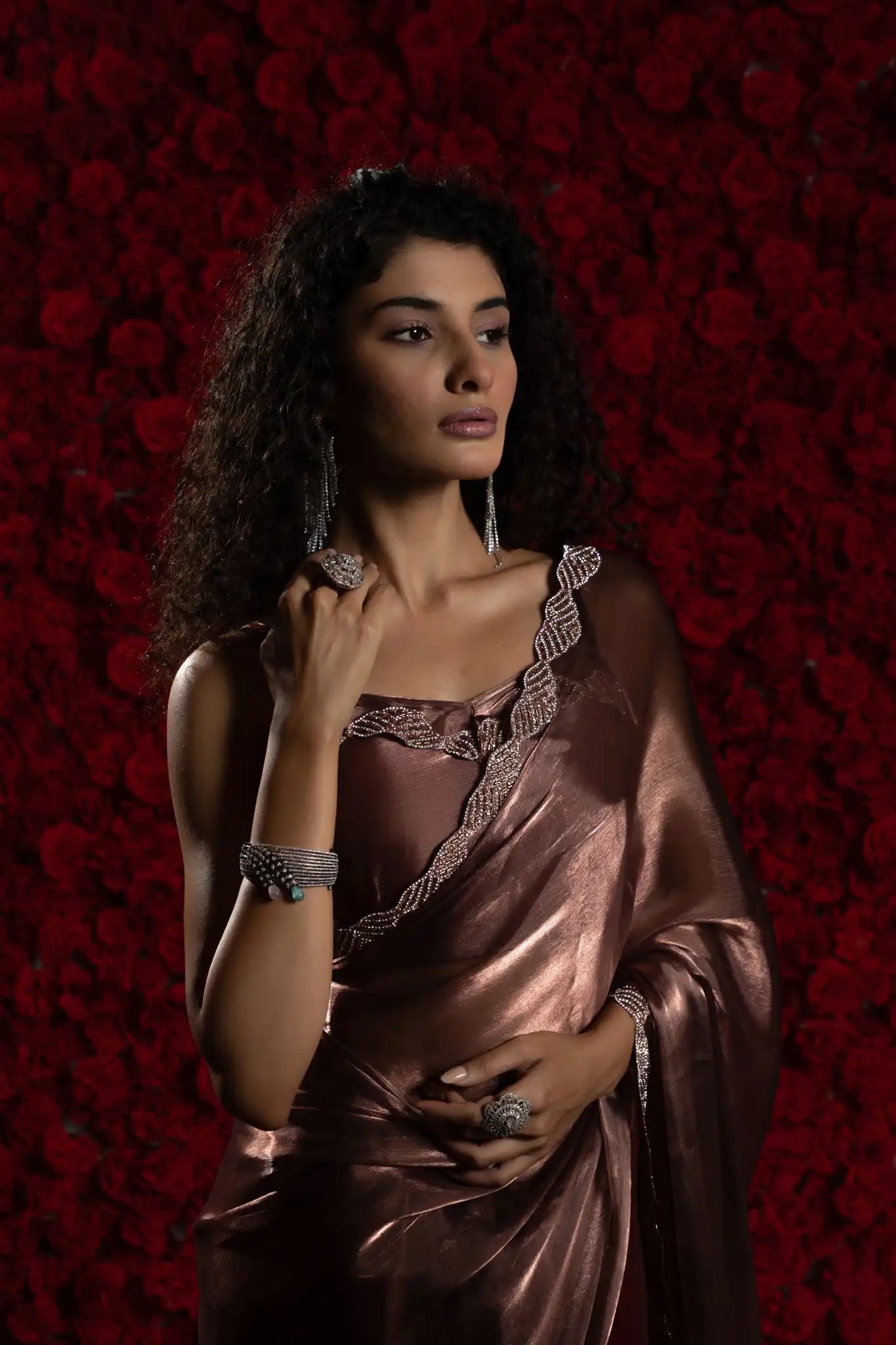 India Silk Luxury Satin Rose Gold Saree with Pearl and Silver Border Embellishments