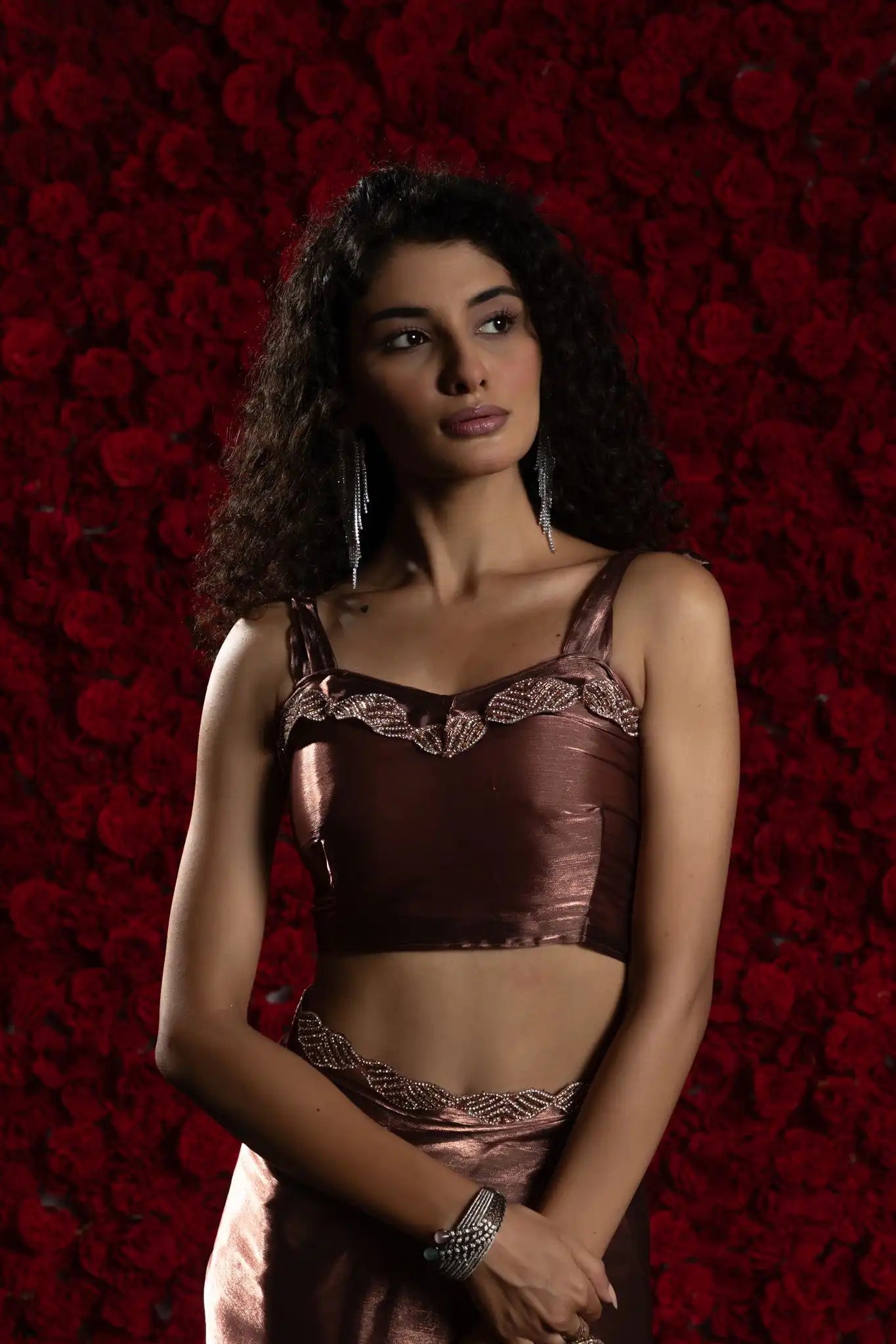 India Silk Luxury Satin Rose Gold Saree with Pearl and Silver Border Embellishments