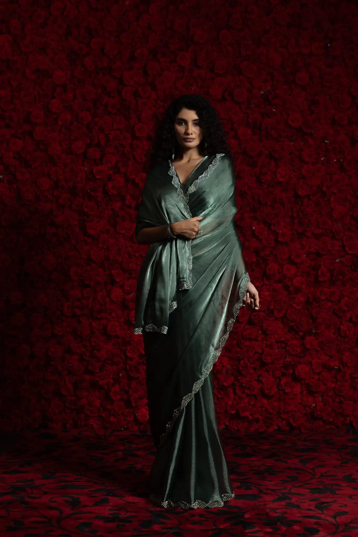 India Silk Dark Green Luxury Satin Saree with Pearl and Silver Border Embellishments