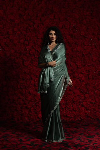 India Silk Dark Green Luxury Satin Saree with Pearl and Silver Border Embellishments