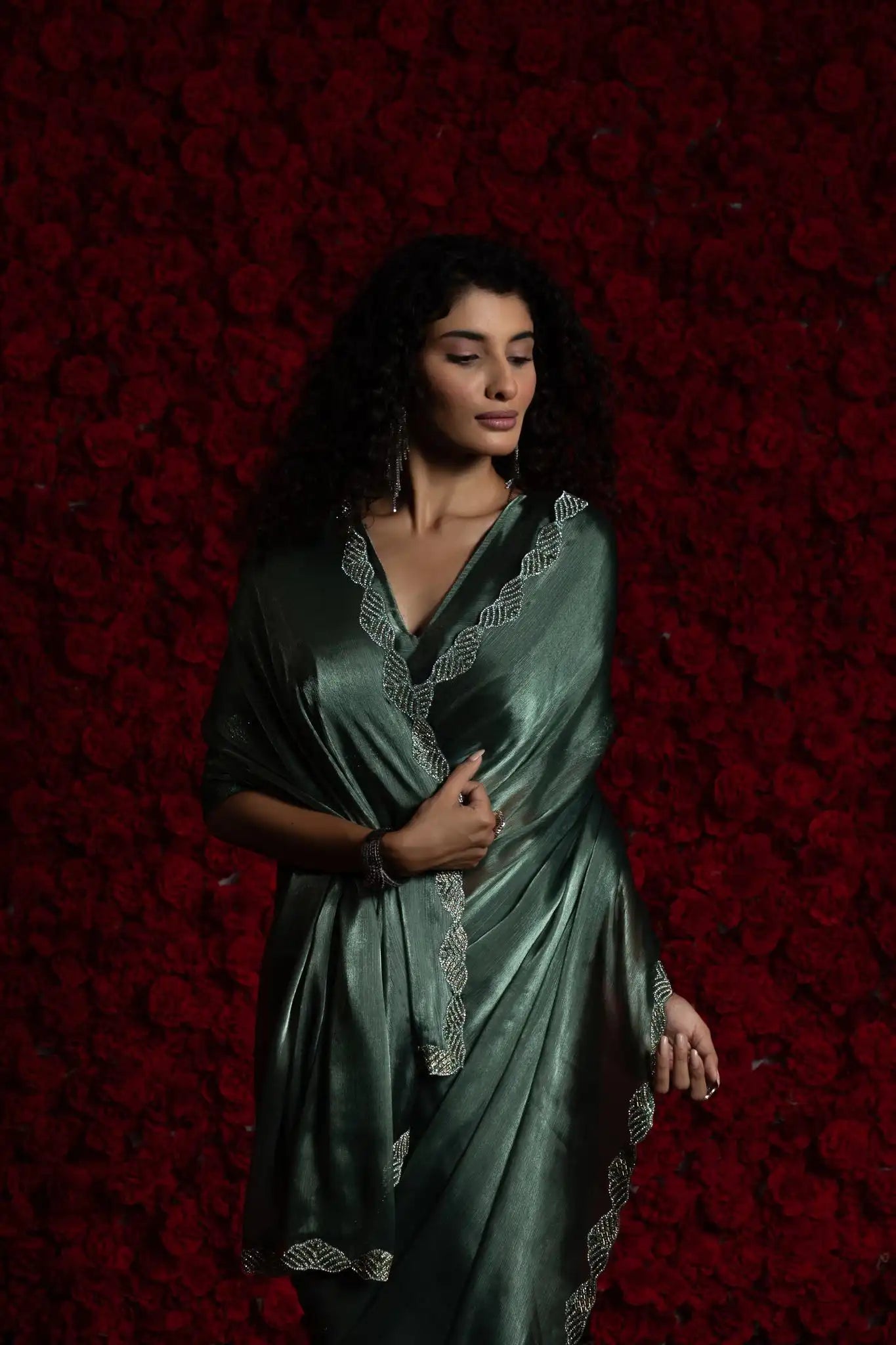 India Silk Dark Green Luxury Satin Saree with Pearl and Silver Border Embellishments