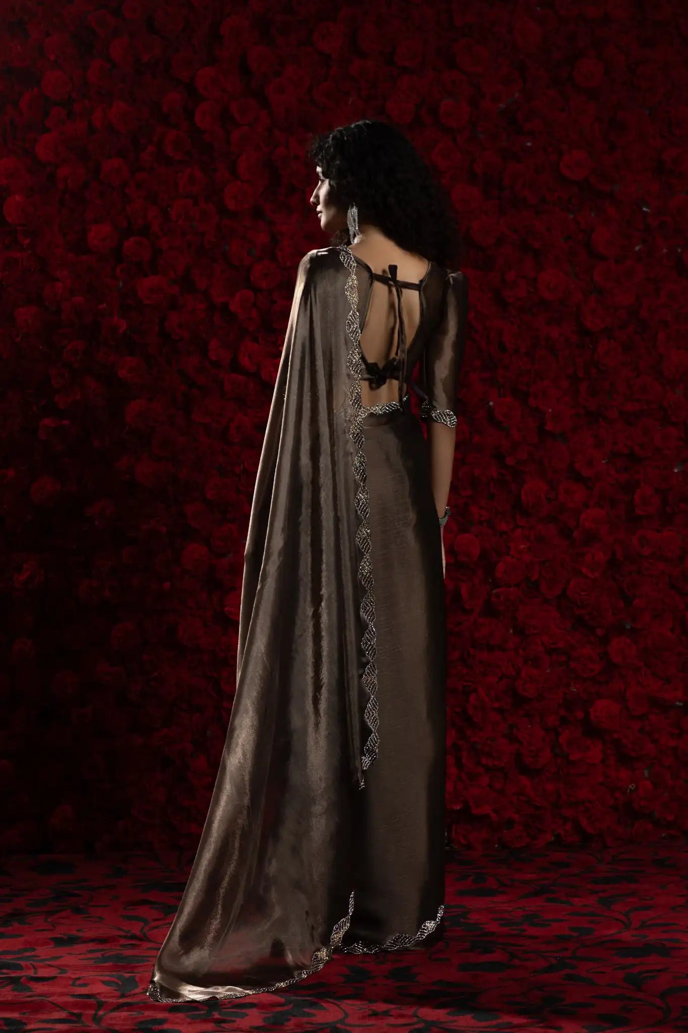 India Silk Dark Brown Luxury Satin Saree with Pearl and Silver Border Embellishments