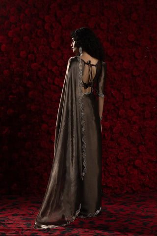 India Silk Dark Brown Luxury Satin Saree with Pearl and Silver Border Embellishments