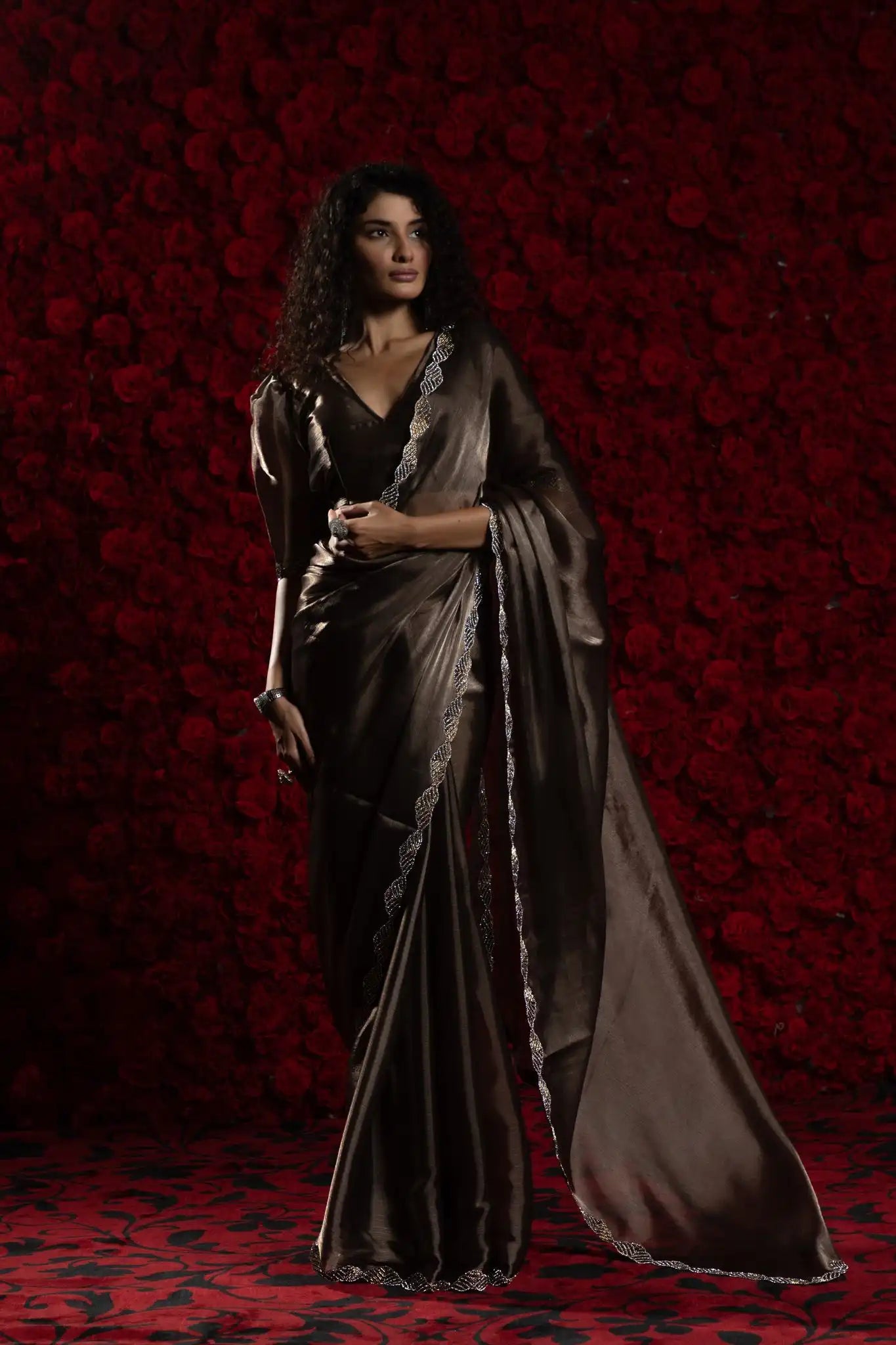 India Silk Dark Brown Luxury Satin Saree with Pearl and Silver Border Embellishments
