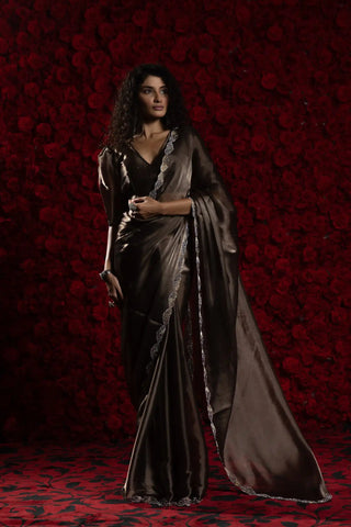 India Silk Dark Brown Luxury Satin Saree with Pearl and Silver Border Embellishments