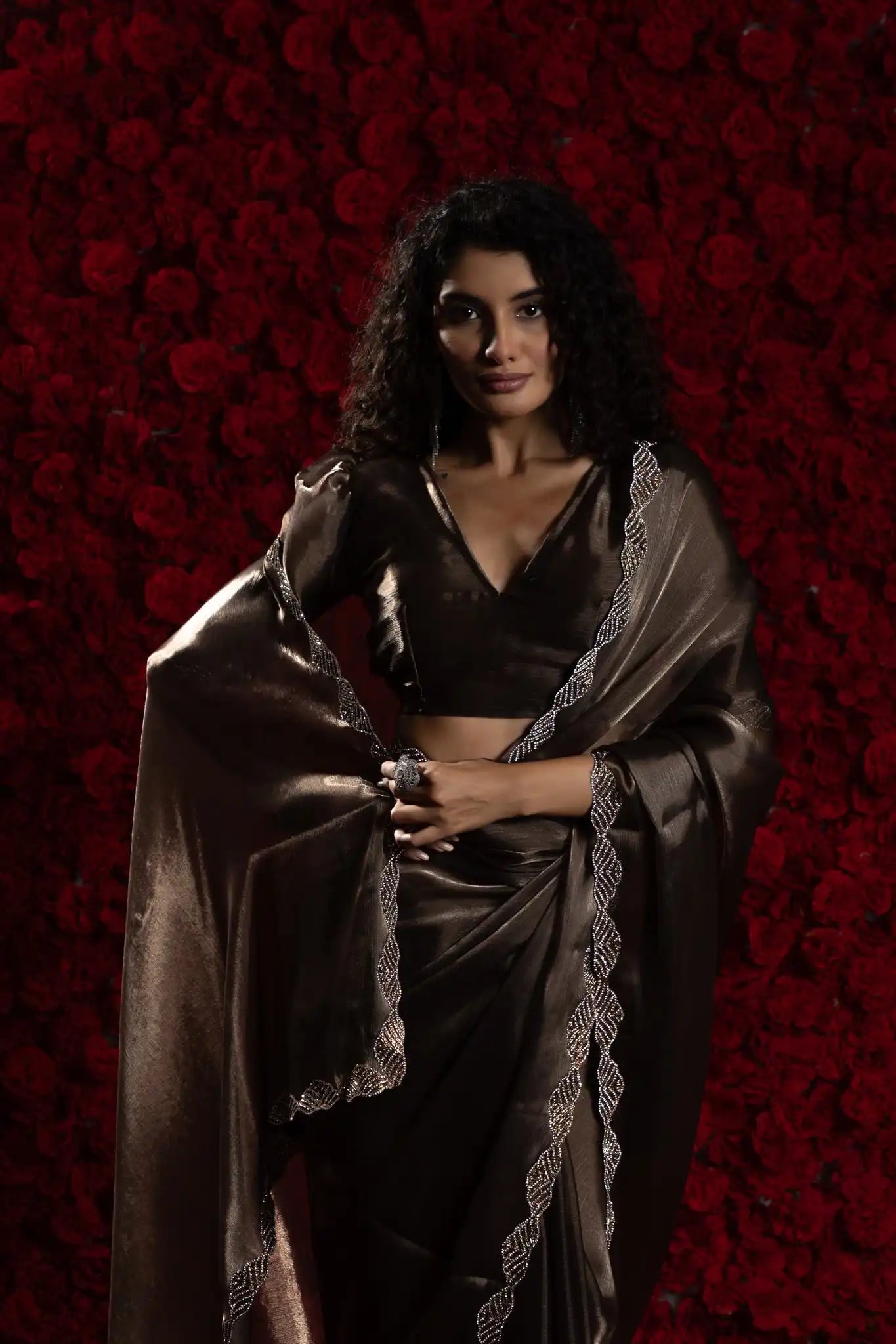 India Silk Dark Brown Luxury Satin Saree with Pearl and Silver Border Embellishments