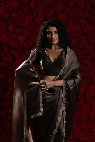 India Silk Dark Brown Luxury Satin Saree with Pearl and Silver Border Embellishments