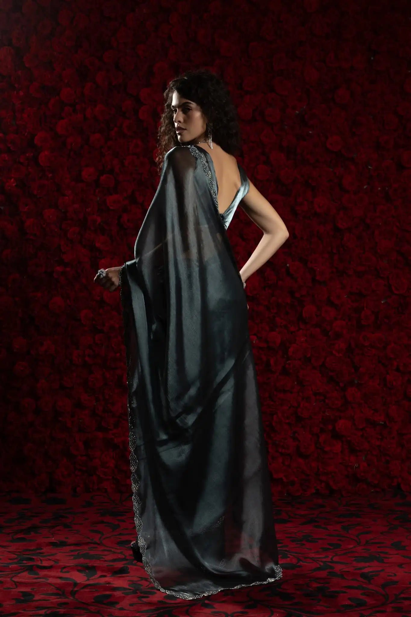 India Silk Dark Teal Luxury Satin Saree with Pearl and Silver Border Embellishments