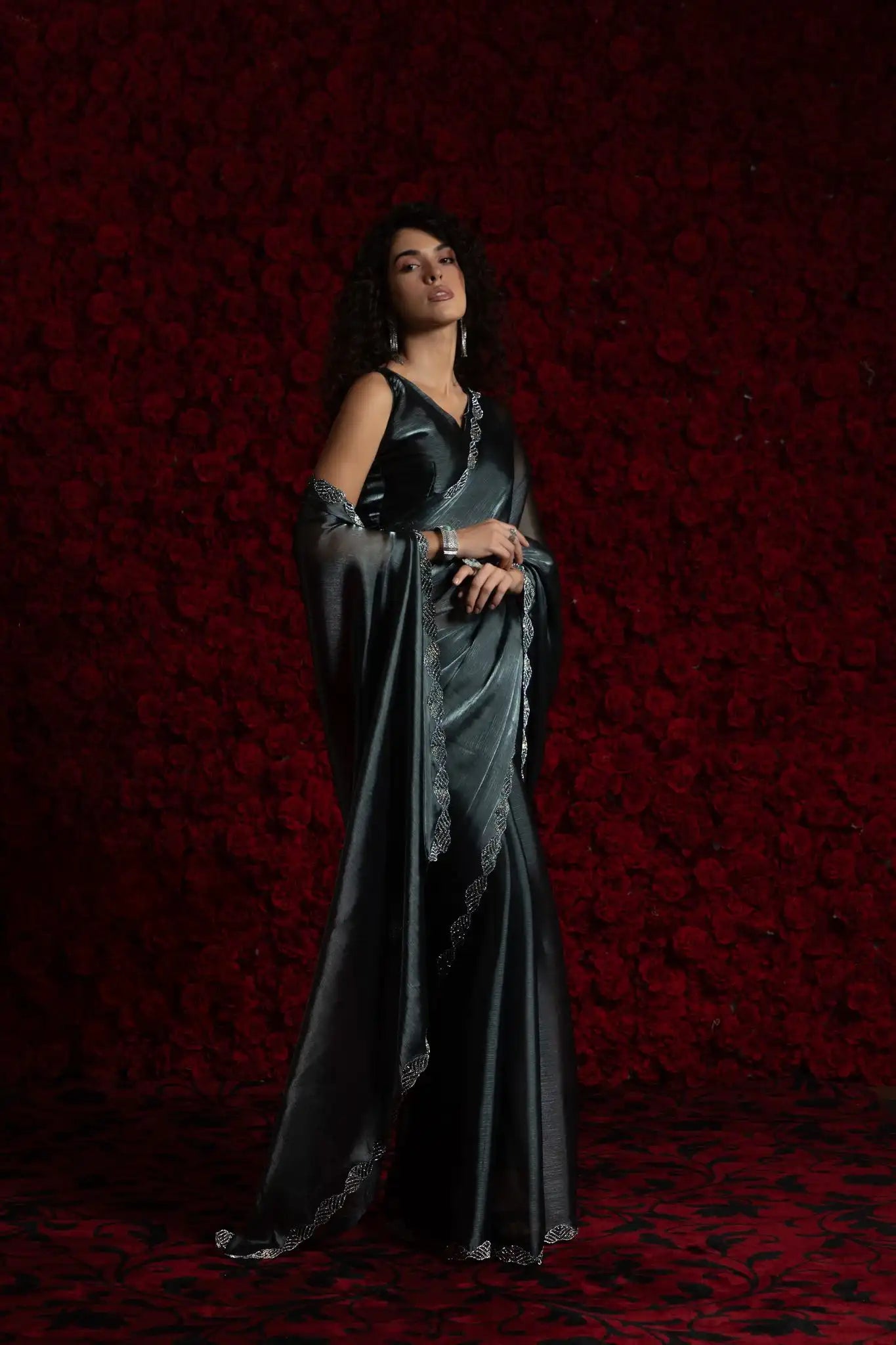 India Silk Dark Teal Luxury Satin Saree with Pearl and Silver Border Embellishments