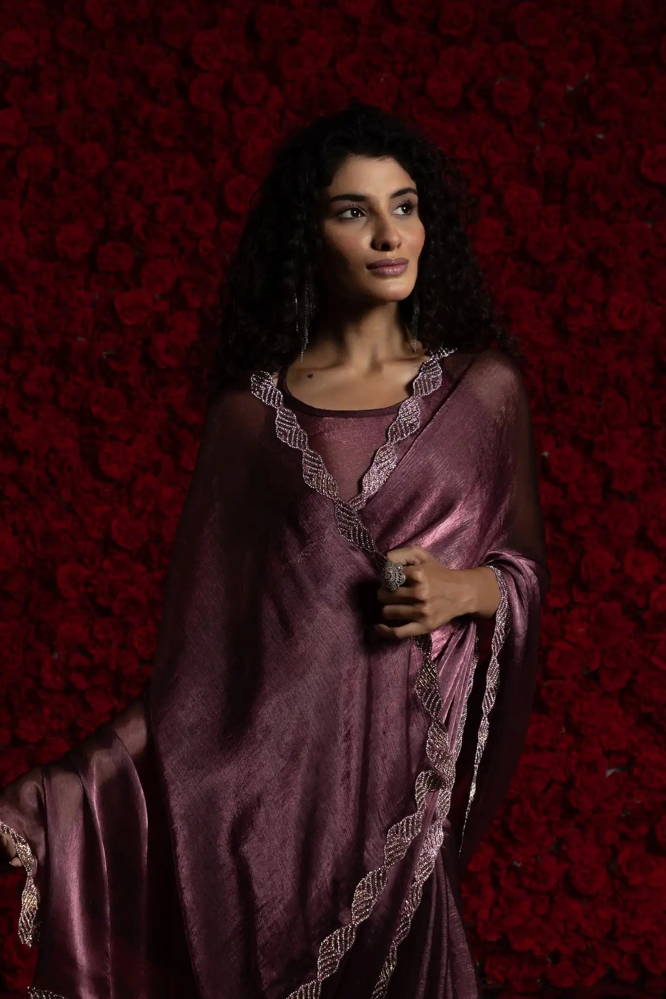 India Silk Purple Luxury Satin Saree with Pearl and Silver Border Embellishments
