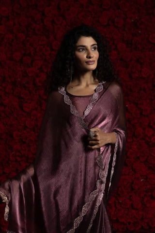 India Silk Purple Luxury Satin Saree with Pearl and Silver Border Embellishments