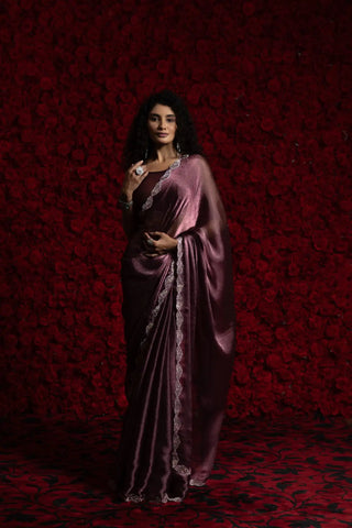 India Silk Purple Luxury Satin Saree with Pearl and Silver Border Embellishments