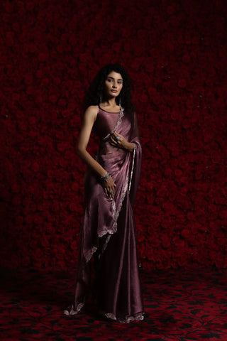 India Silk Purple Luxury Satin Saree with Pearl and Silver Border Embellishments