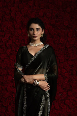 India Silk Black Fendy Silk Saree with Hand Zari Work & Embroidered Border