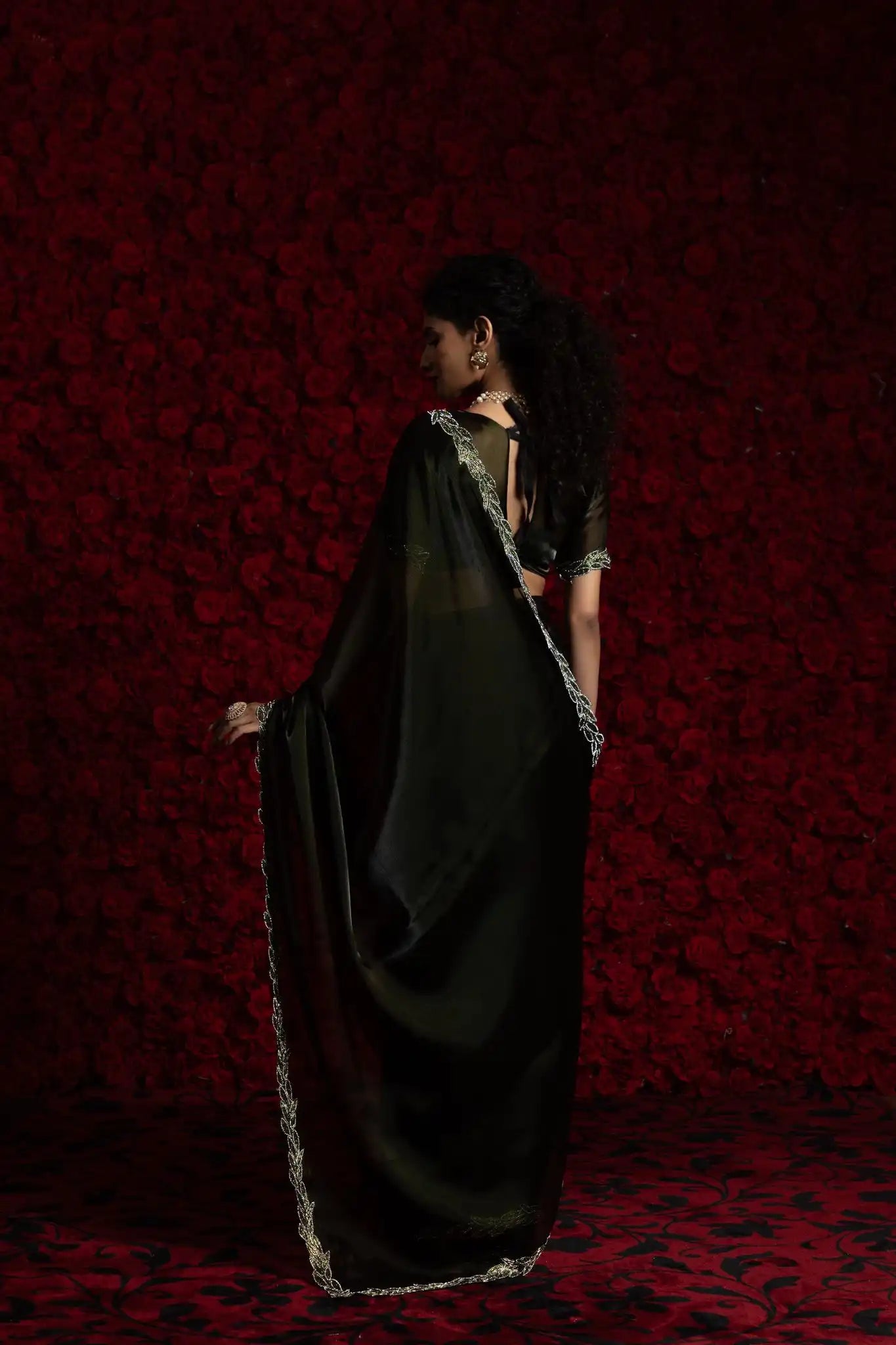 India Silk Black Fendy Silk Saree with Hand Zari Work & Embroidered Border