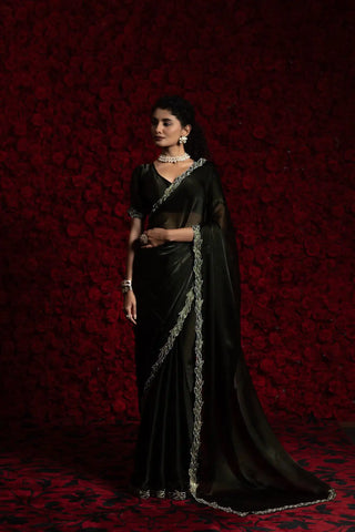 India Silk Black Fendy Silk Saree with Hand Zari Work & Embroidered Border