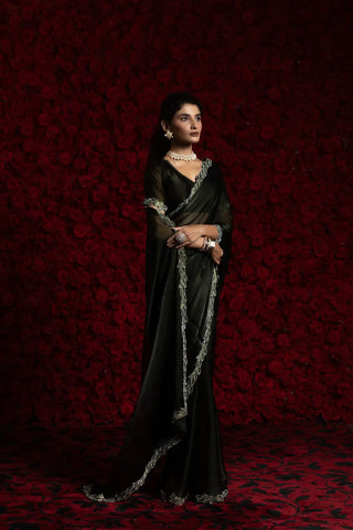 India Silk Black Fendy Silk Saree with Hand Zari Work & Embroidered Border