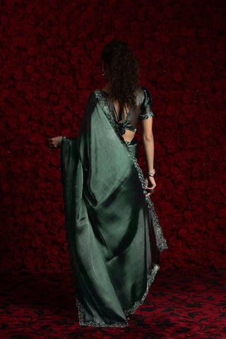 India Silk Pine Green Fendy Silk Saree with Hand Zari Work & Embroidered Border