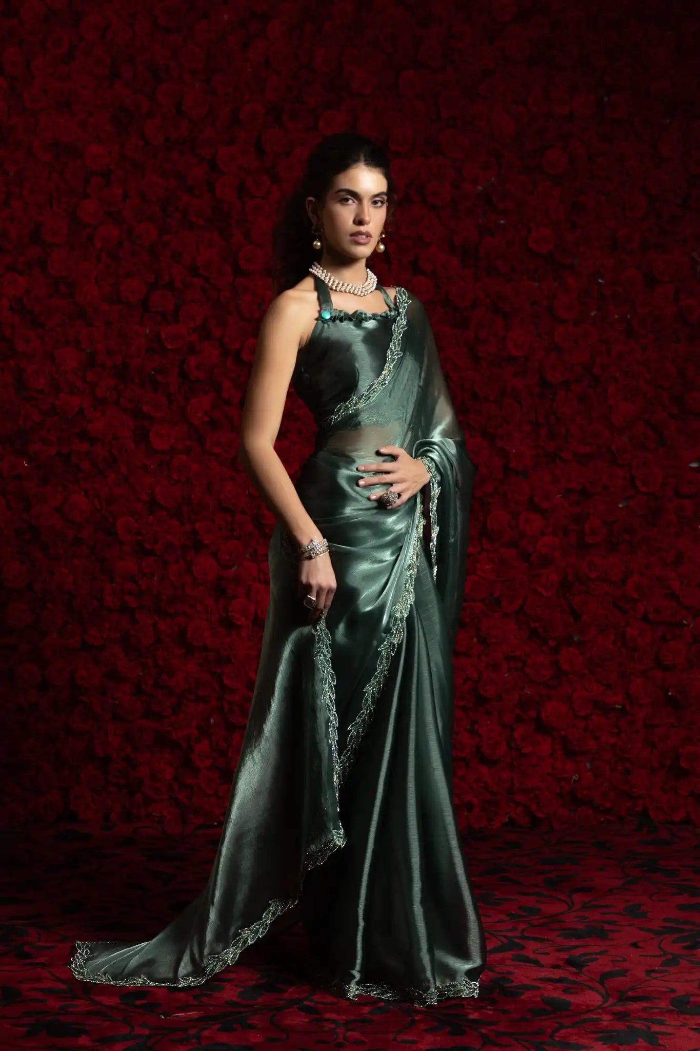 India Silk Pine Green Fendy Silk Saree with Hand Zari Work & Embroidered Border