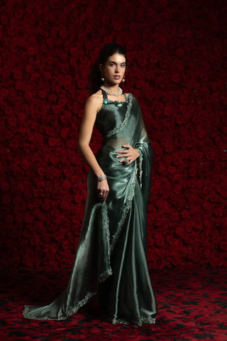 India Silk Pine Green Fendy Silk Saree with Hand Zari Work & Embroidered Border