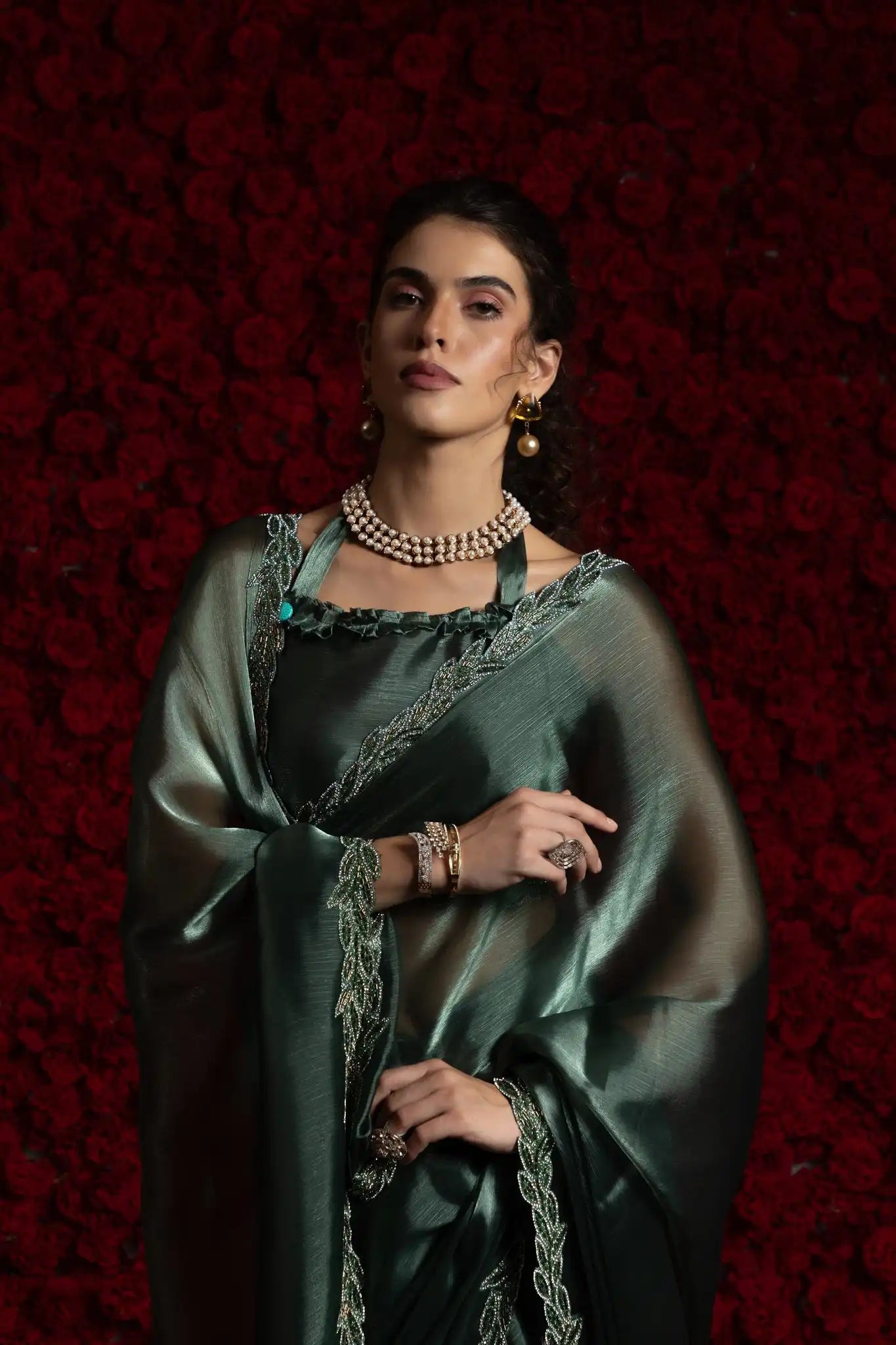 India Silk Pine Green Fendy Silk Saree with Hand Zari Work & Embroidered Border