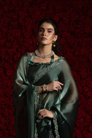 India Silk Pine Green Fendy Silk Saree with Hand Zari Work & Embroidered Border