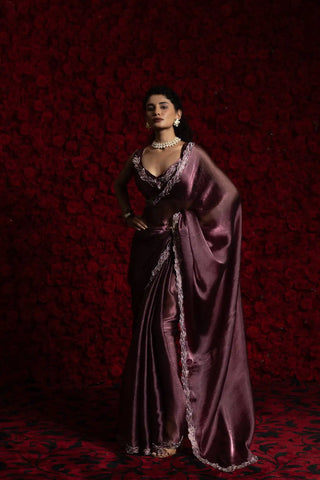 India Silk Purple Fendy Silk Saree with Hand Zari Work & Embroidered Border