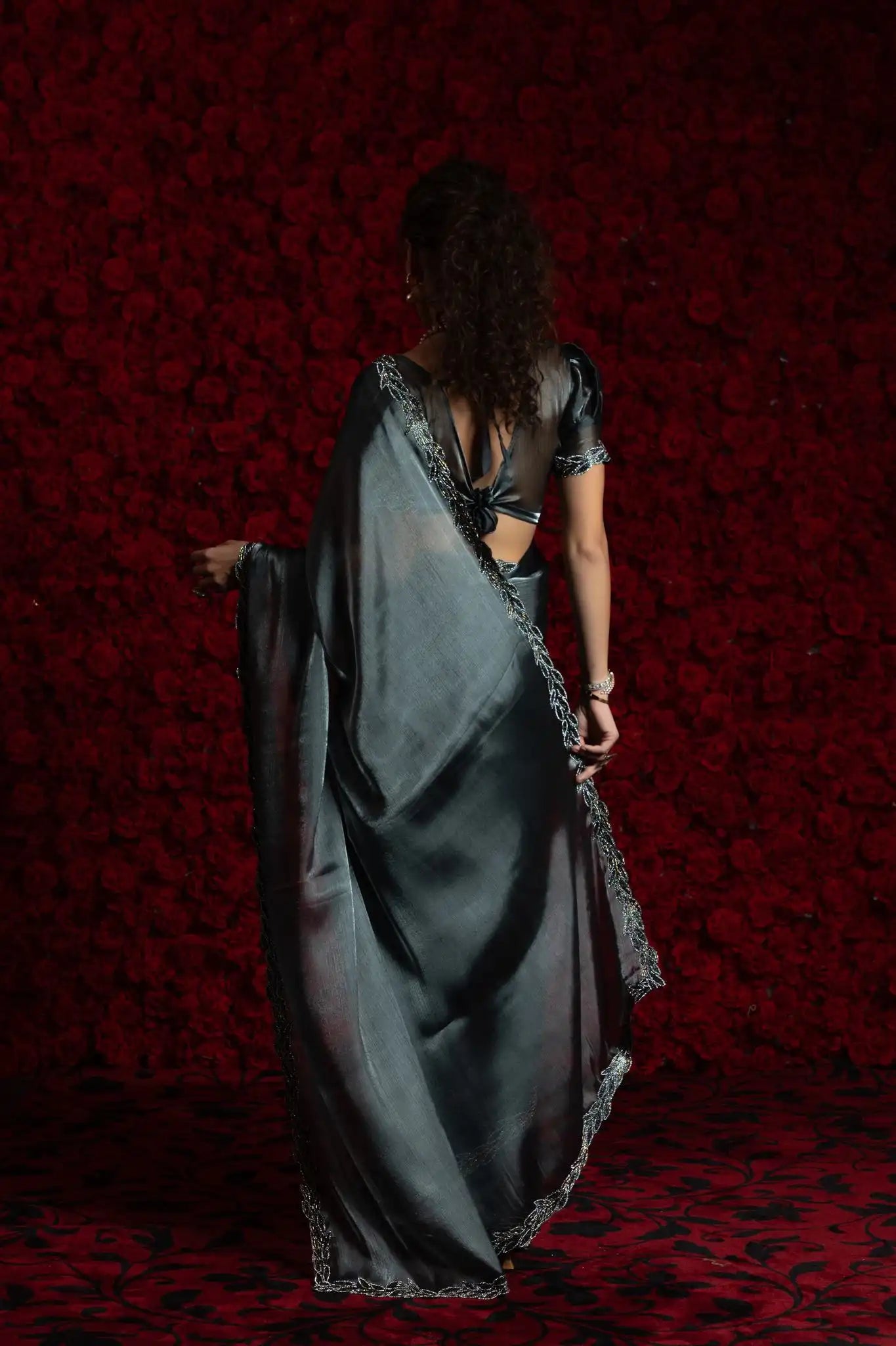 India Silk Dark Grey Fendy Silk Saree with Hand Zari Work & Embroidered Border